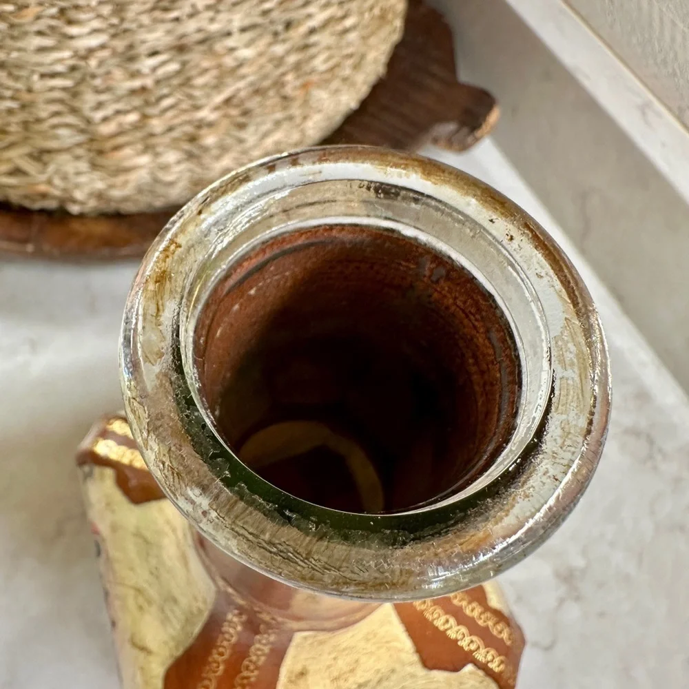 VINTAGE, GENUINE ITALIAN LEATHER-WRAPPED, EMPTY, GLASS LIQUOR DECANTER.